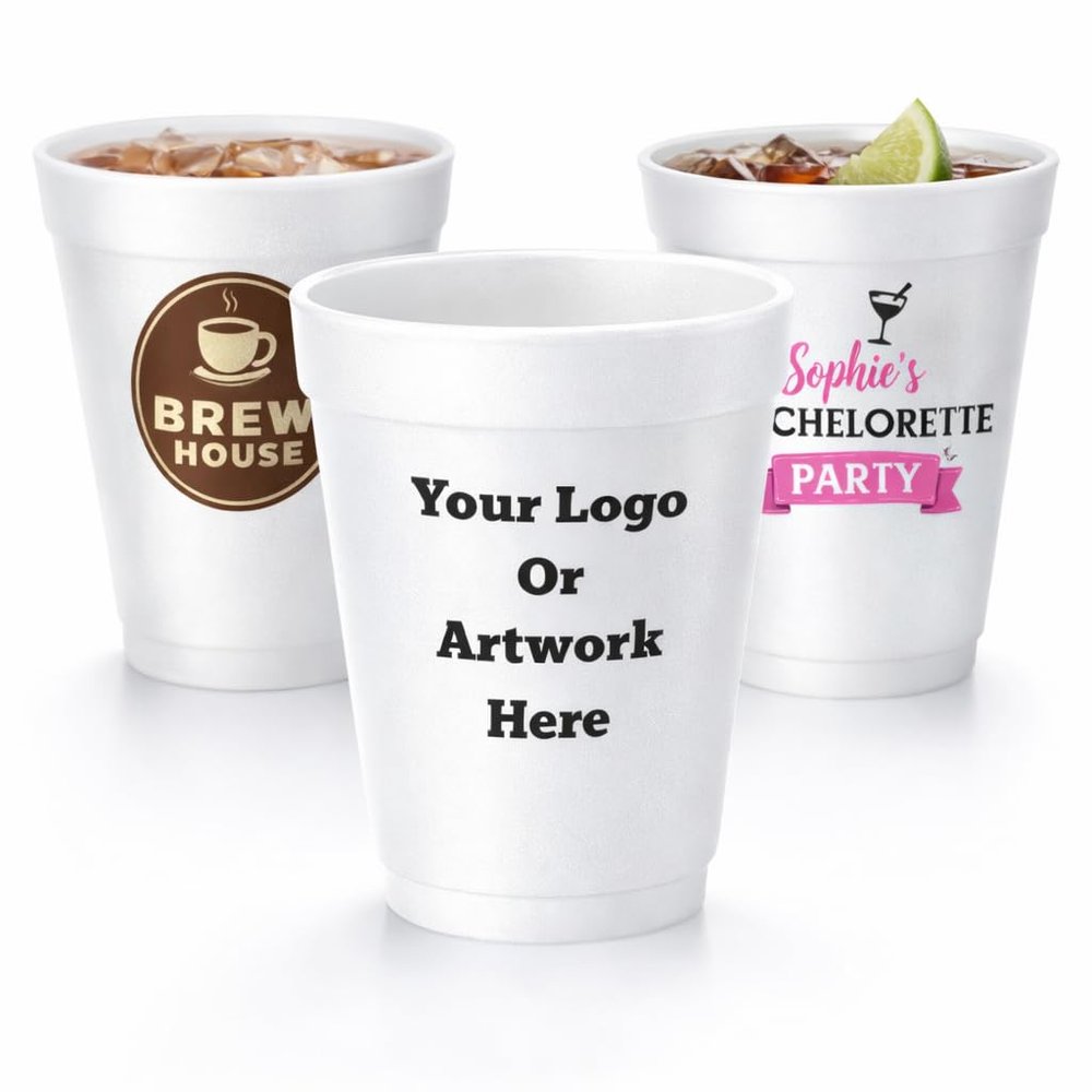 12oz Customizable Foam Cups Personalized Disposable Cups with Custom Text or Logo | Custom Print Styrofoam Cups for Parties, Events, Weddings, and Businesses (25)- NO PHOTOS