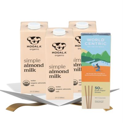 3x Milk Almond Organic Simple 32 fl oz Bundle with Paper Drinking Straws 50-Count Smooth Plant-Based Almond Beverage with Sea Salt for Everyday Refreshment Gift Set (4 Items)