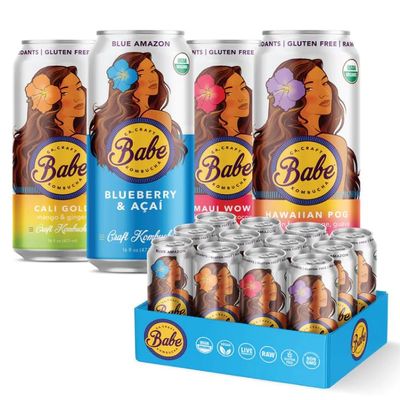 Babe Organic Craft Kombucha - Variety Pack (Hawaiian POG, Maui Wowie, Blue Amazon, Cali Gold), USDA Organic, Vegan, Gluten-Free, Raw & Probiotic, (12 x 16oz cans)