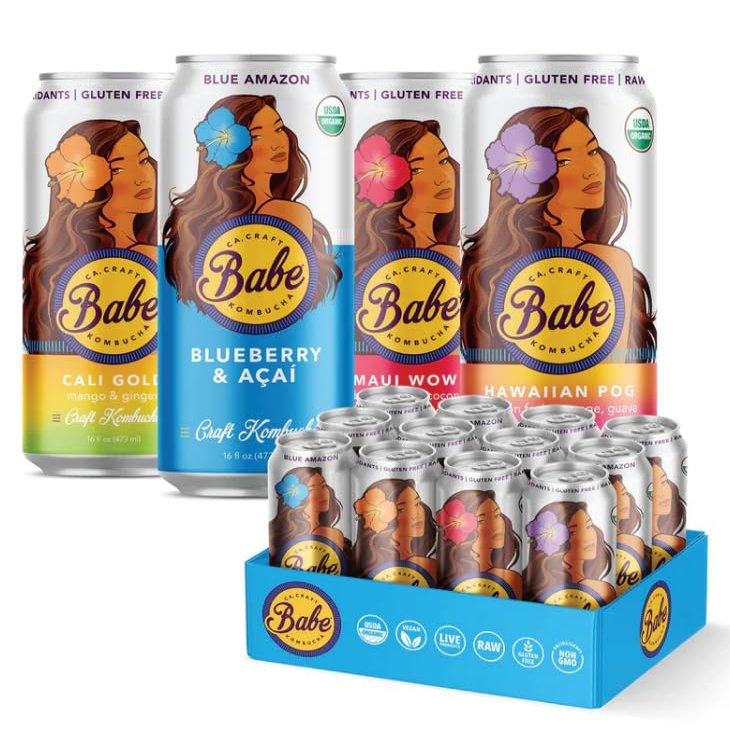 Babe Organic Craft Kombucha - Variety Pack (Hawaiian POG, Maui Wowie, Blue Amazon, Cali Gold), USDA Organic, Vegan, Gluten-Free, Raw & Probiotic, (12 x 16oz cans)