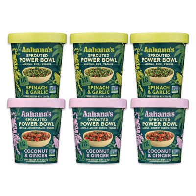 Aahana's Sprouted Power Bowls | 18g High Protein, High Fiber | Instant Lentils, Vegan, Gluten Free, Ready Meals | Indian Vegetarian Meal | No Refrigeration Required | Just Add Water (3 Coconut & Ginger, 3 Spinach & Garlic)