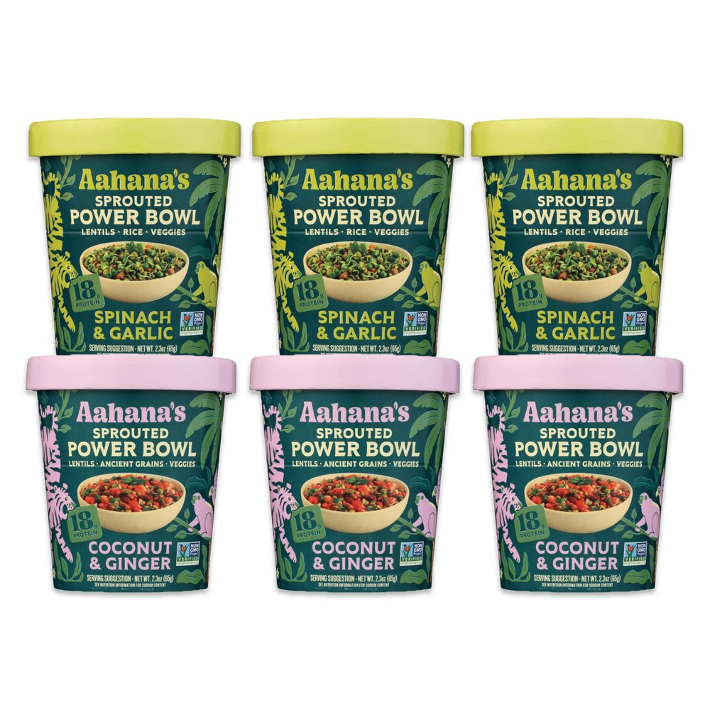 Aahana's Sprouted Power Bowls | 18g High Protein, High Fiber | Instant Lentils, Vegan, Gluten Free, Ready Meals | Indian Vegetarian Meal | No Refrigeration Required | Just Add Water (3 Coconut & Ginger, 3 Spinach & Garlic)
