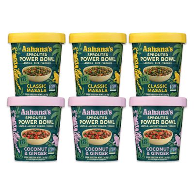 Aahana's Sprouted Power Bowls | 18g High Protein, High Fiber | Instant Lentils, Vegan, Gluten Free, Ready Meals | Indian Vegetarian Meal | No Refrigeration Required | Just Add Water (3 Classic Masala, 3 Coconut & Ginger)