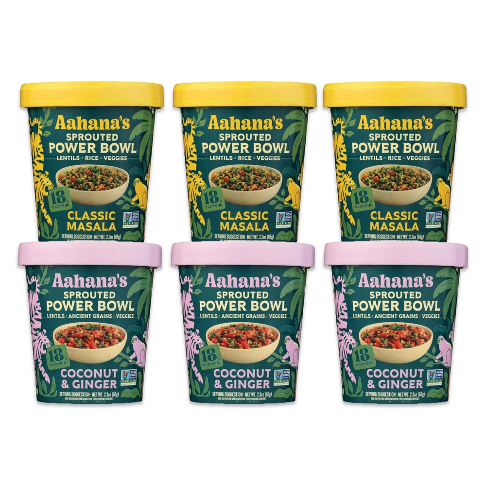 Aahana's Sprouted Power Bowls | 18g High Protein, High Fiber | Instant Lentils, Vegan, Gluten Free, Ready Meals | Indian Vegetarian Meal | No Refrigeration Required | Just Add Water (3 Classic Masala, 3 Coconut & Ginger)