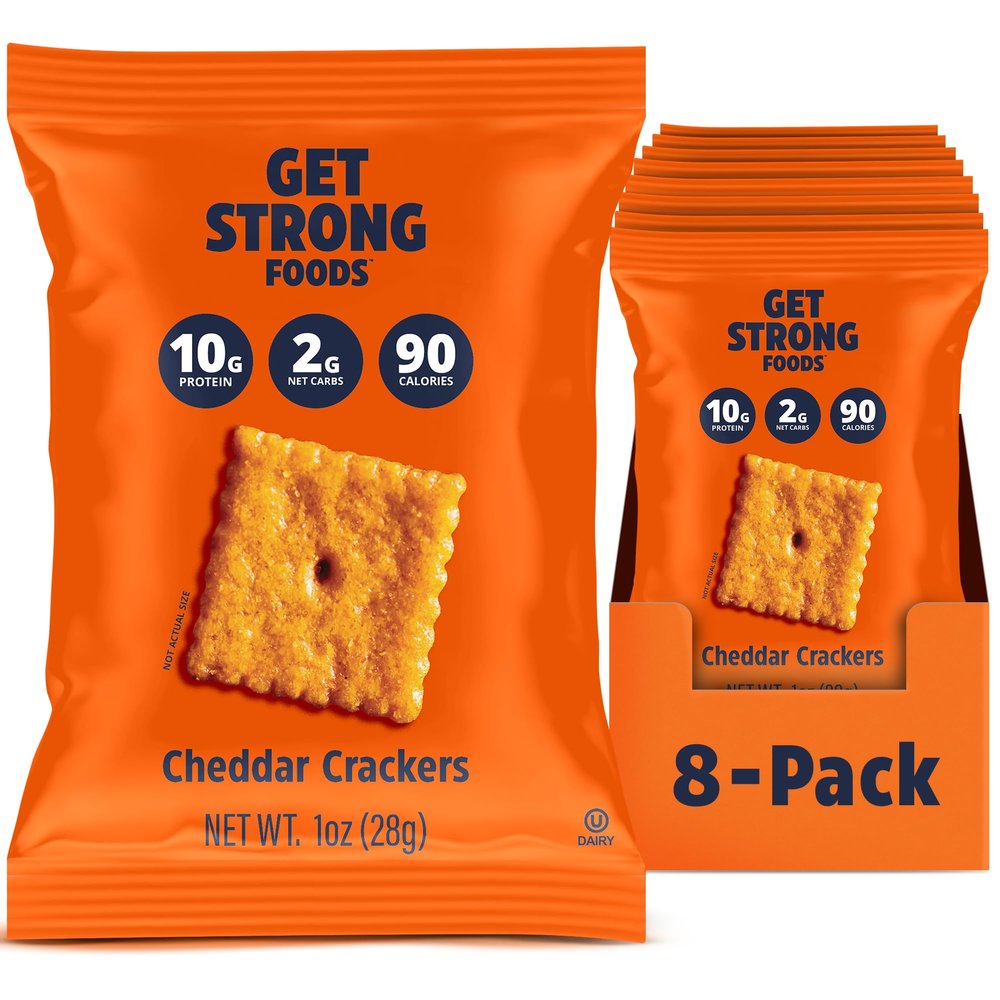 Get Strong Foods Cheddar Cheese Crackers - High Protein Crackers - Keto Friendly, Low Carb, High Fiber Cheese Crisp - Low Calorie, Healthy Snack for Adults and GLP-1, Pack of 8