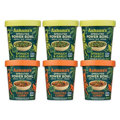 Aahana's Sprouted Power Bowls | 18g High Protein, High Fiber | Instant Lentils, Vegan, Gluten Free, Ready Meals | Indian Vegetarian Meal | Just Add Water (3 Toasted Curry, 3 Spinach & Garlic)