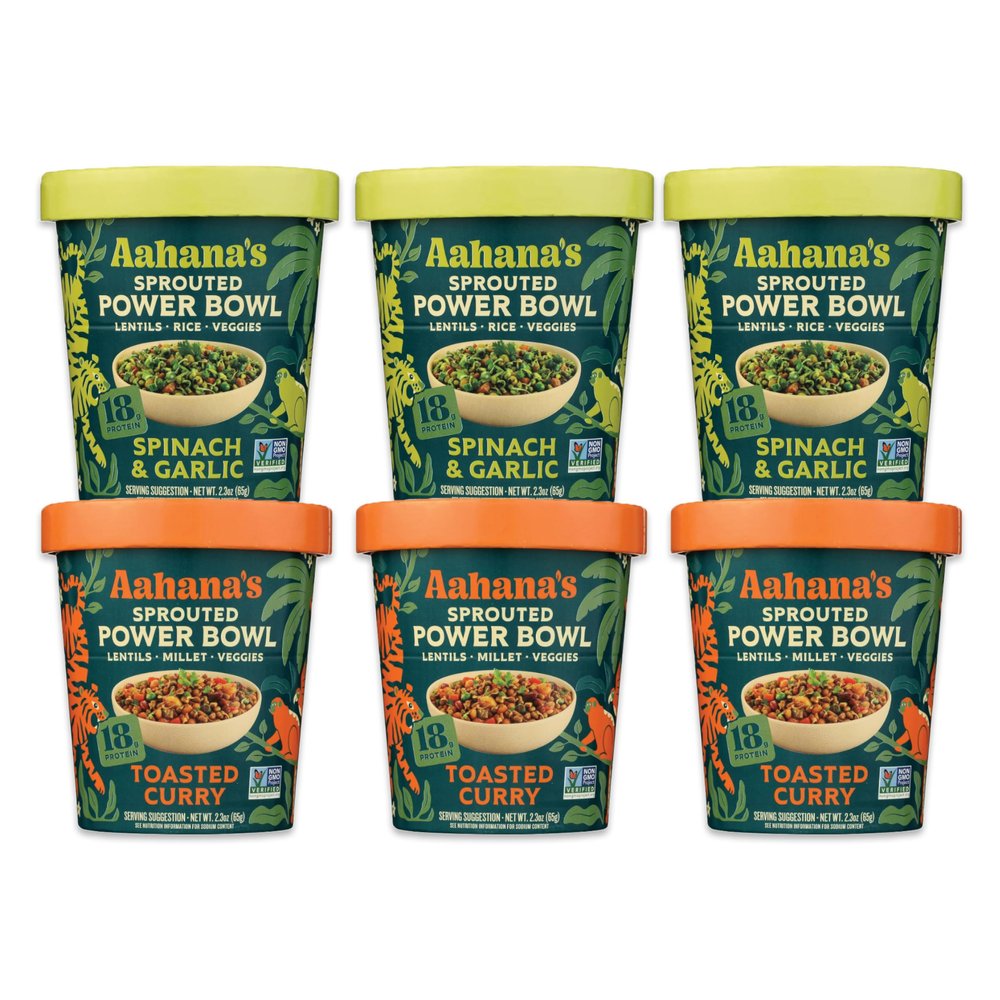 Aahana's Sprouted Power Bowls | 18g High Protein, High Fiber | Instant Lentils, Vegan, Gluten Free, Ready Meals | Indian Vegetarian Meal | Just Add Water (3 Toasted Curry, 3 Spinach & Garlic)