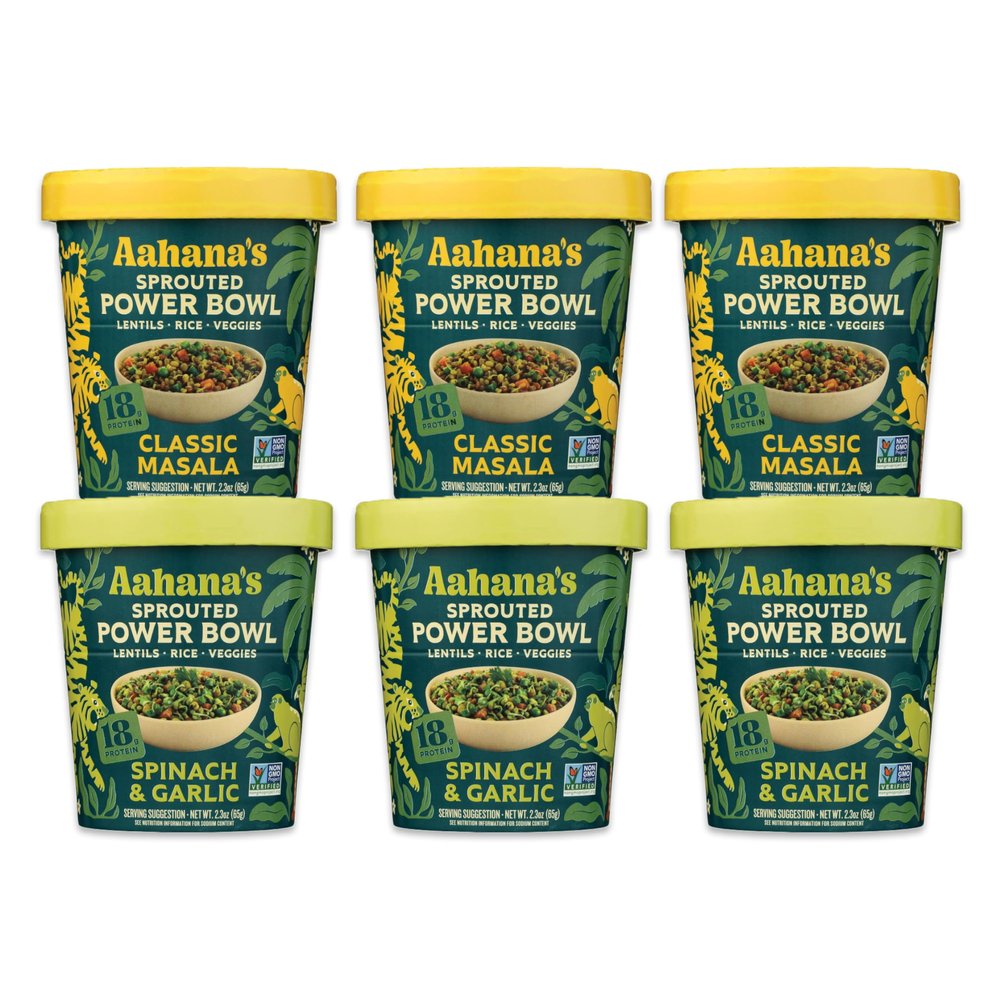 Aahana's Sprouted Power Bowls | 18g High Protein, High Fiber | Instant Lentils, Vegan, Gluten Free, Ready Meals | Indian Vegetarian Meal | No Refrigeration Required | Just Add Water (3 Classic Masala, 3 Spinach & Garlic)