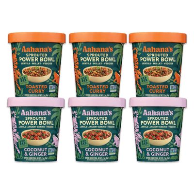 Aahanas Ready-to-Eat Indian Lentil Meal Bowls Combo Sprouted Power Bowls | Gluten-Free, High Protein, High Fiber, Oil & Sugar Free, Vegan | 3+3 Combo Pack (3 Toasted Curry + 3 Coconut & Ginger)