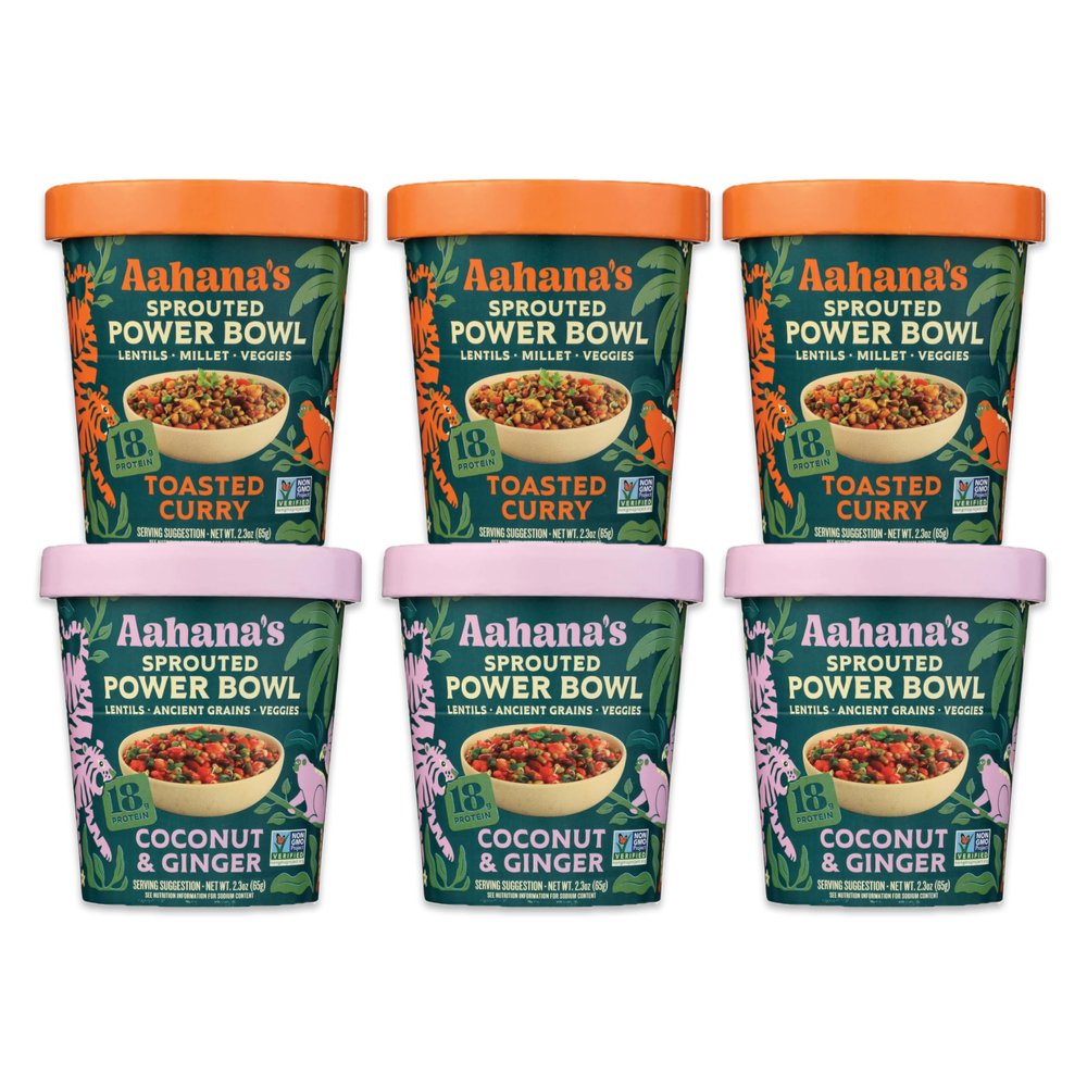 Aahanas Ready-to-Eat Indian Lentil Meal Bowls Combo Sprouted Power Bowls | Gluten-Free, High Protein, High Fiber, Oil & Sugar Free, Vegan | 3+3 Combo Pack (3 Toasted Curry + 3 Coconut & Ginger)