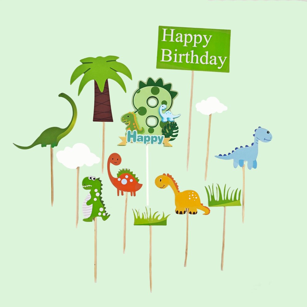12Pcs Green Dinosaur Happy 8st Birthday Cake Topper, 3.7-inch number 8 dinosaur birthday cake decoration Cute dinosaur designFor Children'S Birthdays, Baby Showers, Dinosaur-Themed Parties