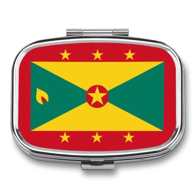 2 Compartment Pill Box Funny Grenada Flag Printing Square Metal Small Medicine Organizer Vitamin Box for Travel Pocket Portable Pill Case with Mirror Daily Use Square