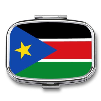 2 Compartment Pill Box Republic of South Sudan Flag Printing Square Metal Small Medicine Vitamin Box for Travel Portable Pill Case with Mirror Daily Use Square
