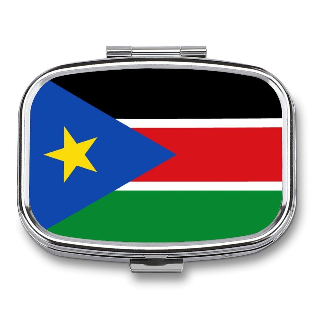 2 Compartment Pill Box Republic of South Sudan Flag Printing Square Metal Small Medicine Vitamin Box for Travel Portable Pill Case with Mirror Daily Use Square