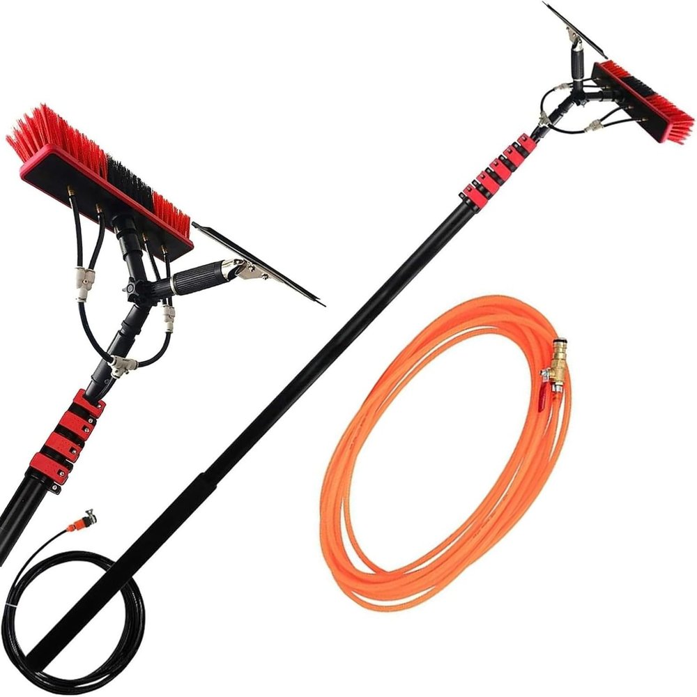 Window Cleaning Pole Kit with Squeegee Extension Pole, Solar Panel Cleaner, High Washing Tool with 20M Supply Water Hose(9.2m/30ft&Head55cm)