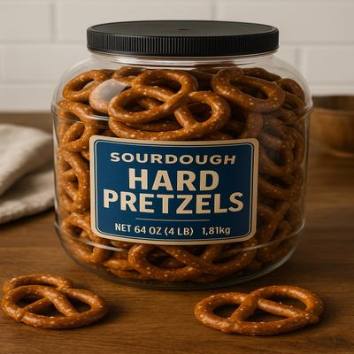 Sourdough Hard Pretzels 4 lb. jar. Approx. 90 count per 64 oz jarPerfect for Parties, Offices, or Everyday Snacking