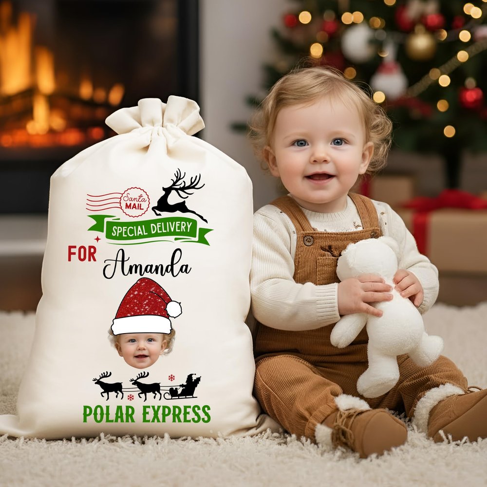 Noni Personalized Santa Sack with Photo Face Glitter Bling, Custom Christmas Sacks For Presents Initials Monogram For Son Daughter, Christmas Bag For Boy And Girl, Gifts For Family Member, Friend