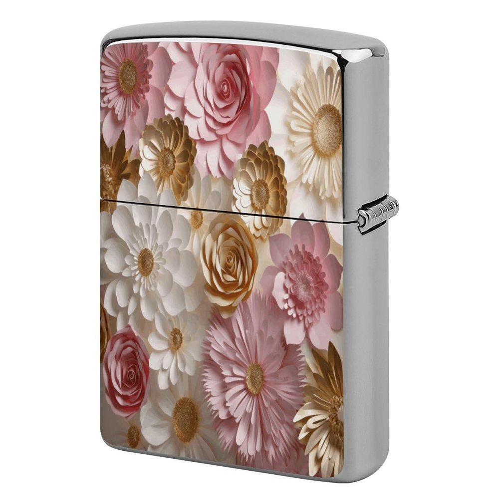 Lighter Case Compatible with Zippo Shell Only,Pink White Gold Flowersprinted Metal Lighter Cover No Insert for Zippo Double Sided Pattern Design