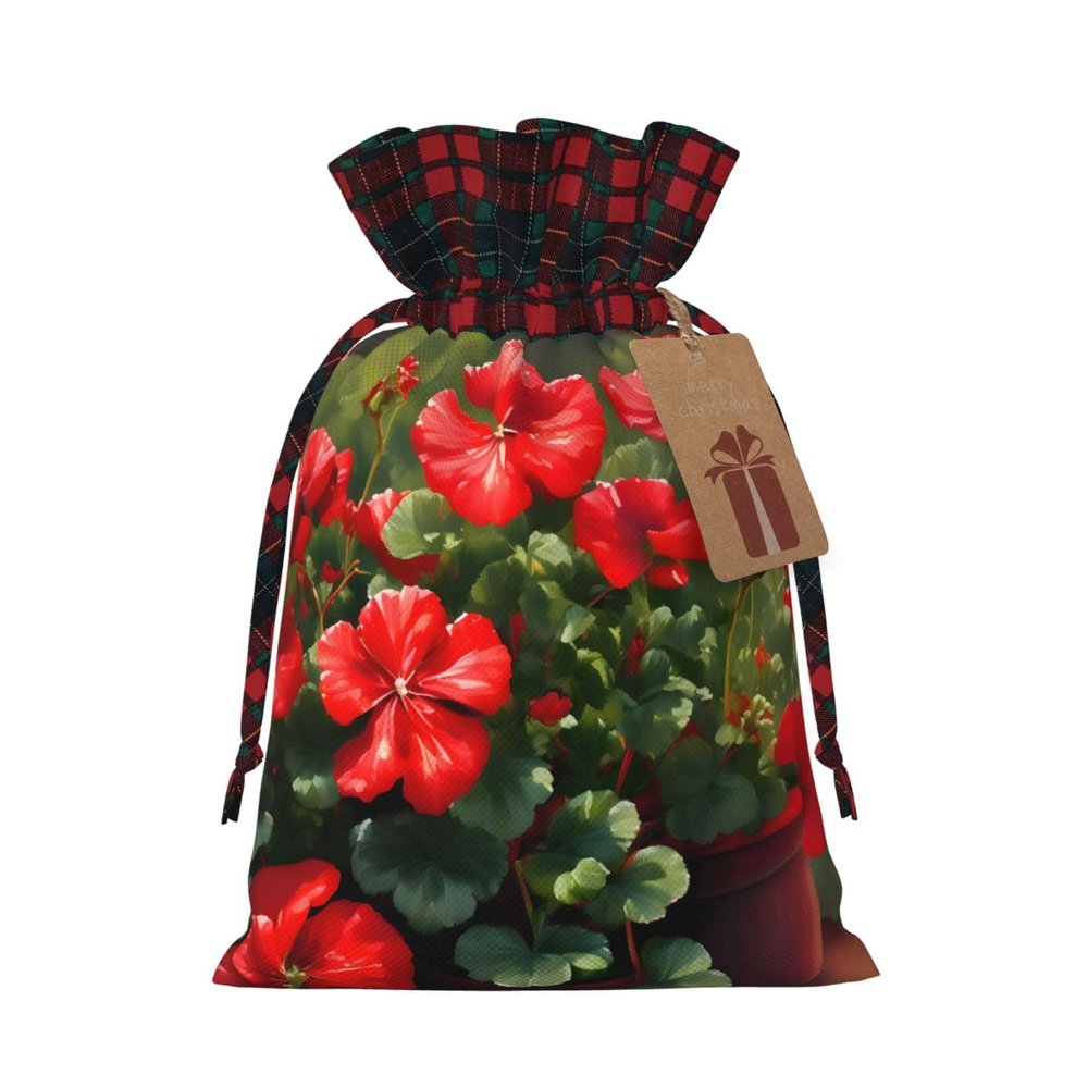 QAZWZML Red geraniums Patterned Christmas gift bags, drawstring candy bags, reusable and suitable for storing gifts or everyday items.