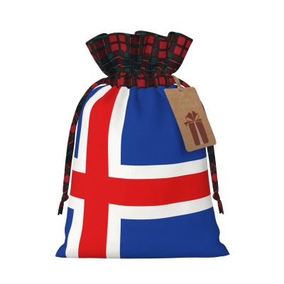 QAZWZML Flag of Iceland Patterned Christmas gift bags, drawstring candy bags, reusable and suitable for storing gifts or everyday items.