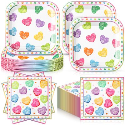 Zhehao 72 Pcs Party Supplies Set Serve 36, 7" Square Paper Dessert Plates and Napkins Disposable Dinnerware Decoration for Holiday(Colorful Word Heart)
