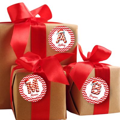 Personalized Christmas Gift tag Sticker Labels with Name and Initial (Peppermint)