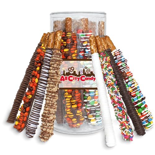 All City Candy Signature Gourmet Chocolate Covered Pretzel Rods Gift Tube 12 Hand-Dipped Assorted Flavors in Milk, Dark, White Chocolate & Candy coated toppings Sweet & Salty Treats for Holidays, Birthdays, and Corporate Gifting