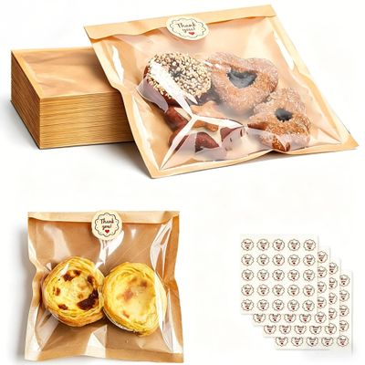 100Pack 5.7"x6.5" Kraft Paper Bakery Bags w/Clear Window + 100 Thank You Stickers - Eco-Friendly Food Packaging for Bread, Pastries