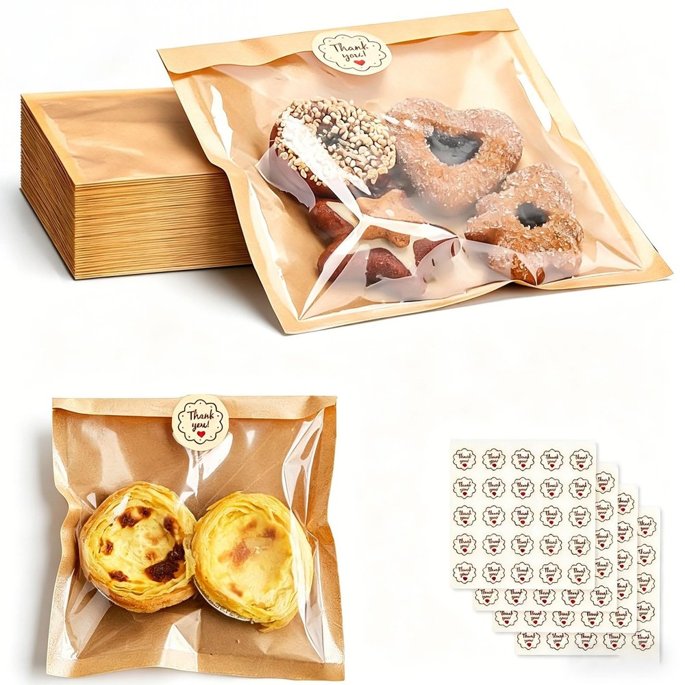 100Pack 5.7"x6.5" Kraft Paper Bakery Bags w/Clear Window + 100 Thank You Stickers - Eco-Friendly Food Packaging for Bread, Pastries