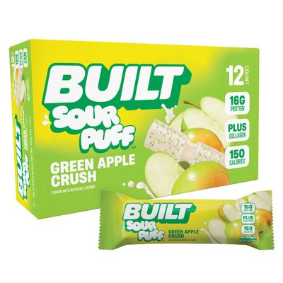 BUILT Bar Sour Puff Protein Bars - Green Apple Crush - 16g Protein Snack Bars with Collagen - Calorie Conscious & Gluten Free - 12 Count