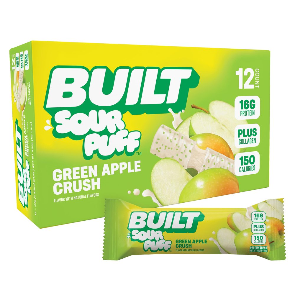 BUILT Bar Sour Puff Protein Bars - Green Apple Crush - 16g Protein Snack Bars with Collagen - Calorie Conscious & Gluten Free - 12 Count