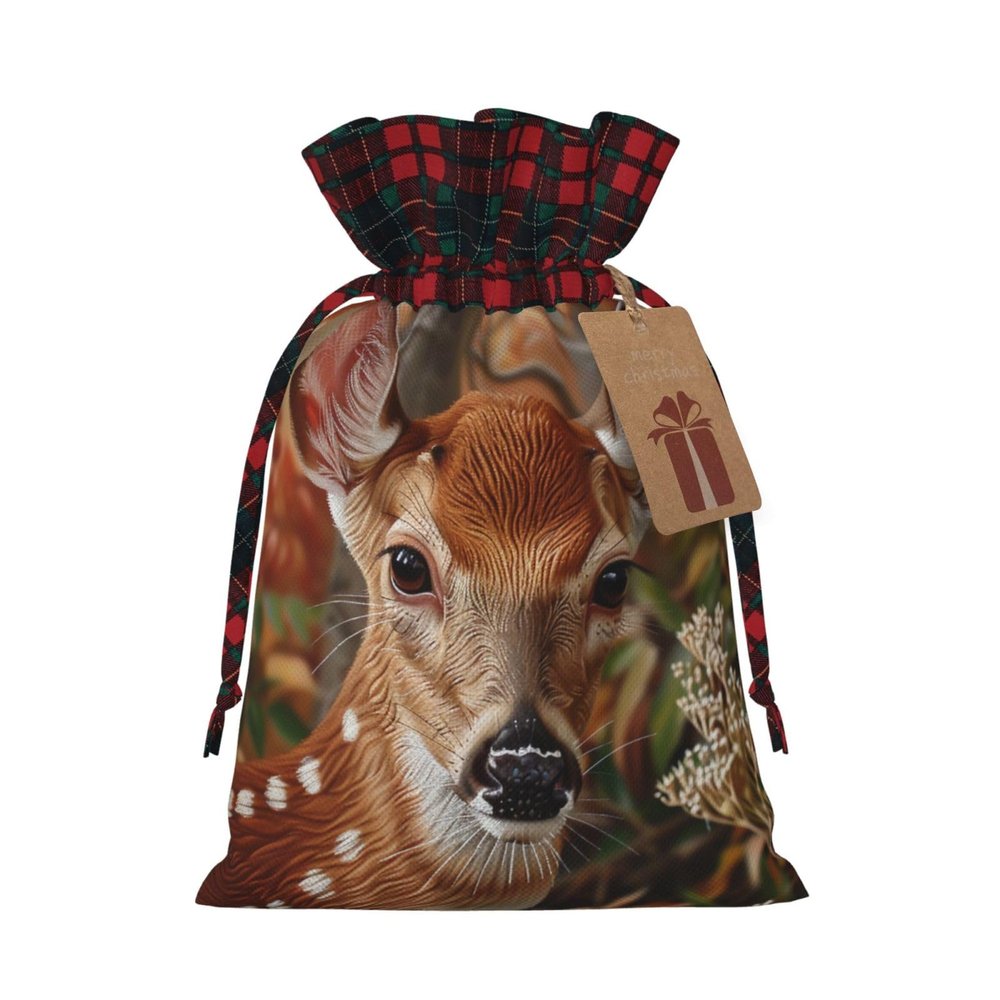 Ruzoap Christmas Burlap Gift Bags with Drawstrings, Whitetail Deer Fawn In Wilderness Stag - Christmas Treat Candy Bags for Holiday Party Wrapping Xmas Present - Small