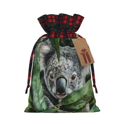 Ruzoap Christmas Burlap Gift Bags with Drawstrings, Green Leaf Koala - Christmas Treat Candy Bags for Holiday Party Wrapping Xmas Present - Small