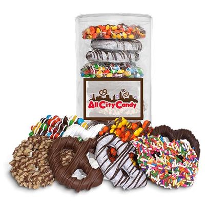 All City Candy Signature Gourmet Chocolate Covered Pretzel Twists Gift Tube 12 Hand-Dipped Assorted Flavors in Milk, Dark, White Chocolate & Candy coated toppings Sweet & Salty Treats for Holidays, Birthdays, and Corporate Gifting