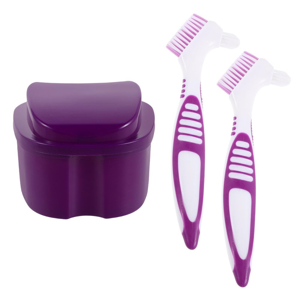 HEANUJJ 1 Set Denture Bath Case Cup with Cleaner Brush & Retainer Holder Box for Dentures Clear Braces Mouth Guard & Retainers Traveling Purple