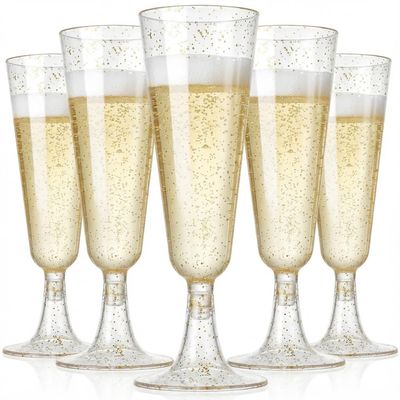 CYUU 100 Pack Plastic Champagne Flutes 5.5oz Gold Glitter, Disposable Plastic Champagne Glasses, Suitable for Wedding, Birthday Party, Thanksgiving Day, Christmas Supplies