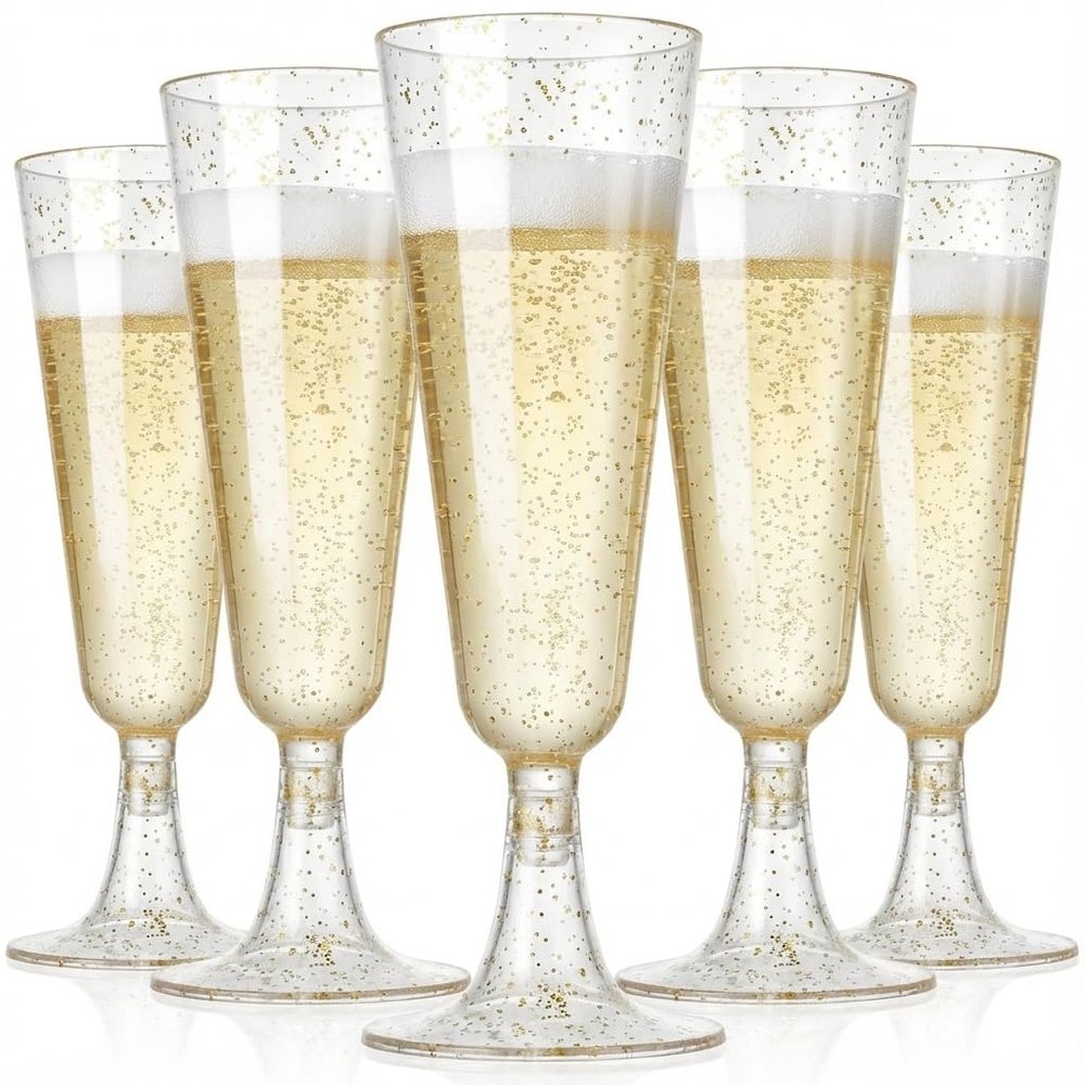 CYUU 100 Pack Plastic Champagne Flutes 5.5oz Gold Glitter, Disposable Plastic Champagne Glasses, Suitable for Wedding, Birthday Party, Thanksgiving Day, Christmas Supplies