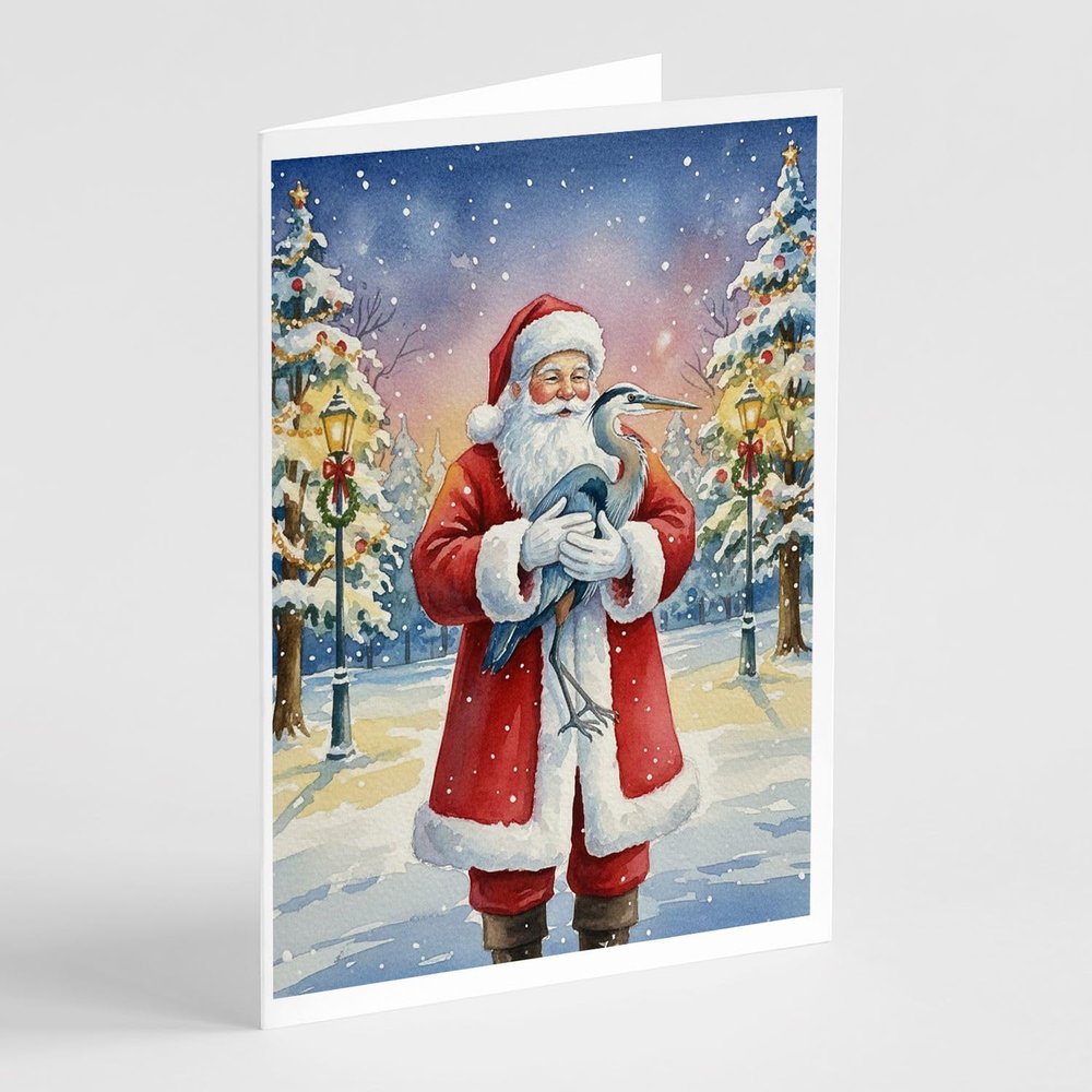 Caroline's Treasures Blue Heron with Santa Claus Greeting Cards Pack of 8 Blank Cards with Envelopes Whimsical A7 Size 5x7