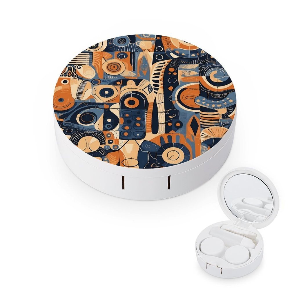 FekiLoot Modern Style Pattern Contact Lens Case Portable Travel Outdoor Contact Lens Cases Circle Leakproof Makeup Storage Box with Mirror for Home Office Dormitory