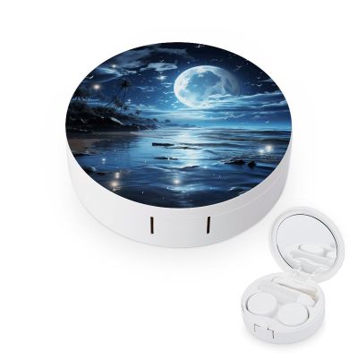FekiLoot Moon Over Ocean Contact Lens Case Portable Travel Outdoor Contact Lens Cases Circle Leakproof Makeup Storage Box with Mirror for Home Office Dormitory