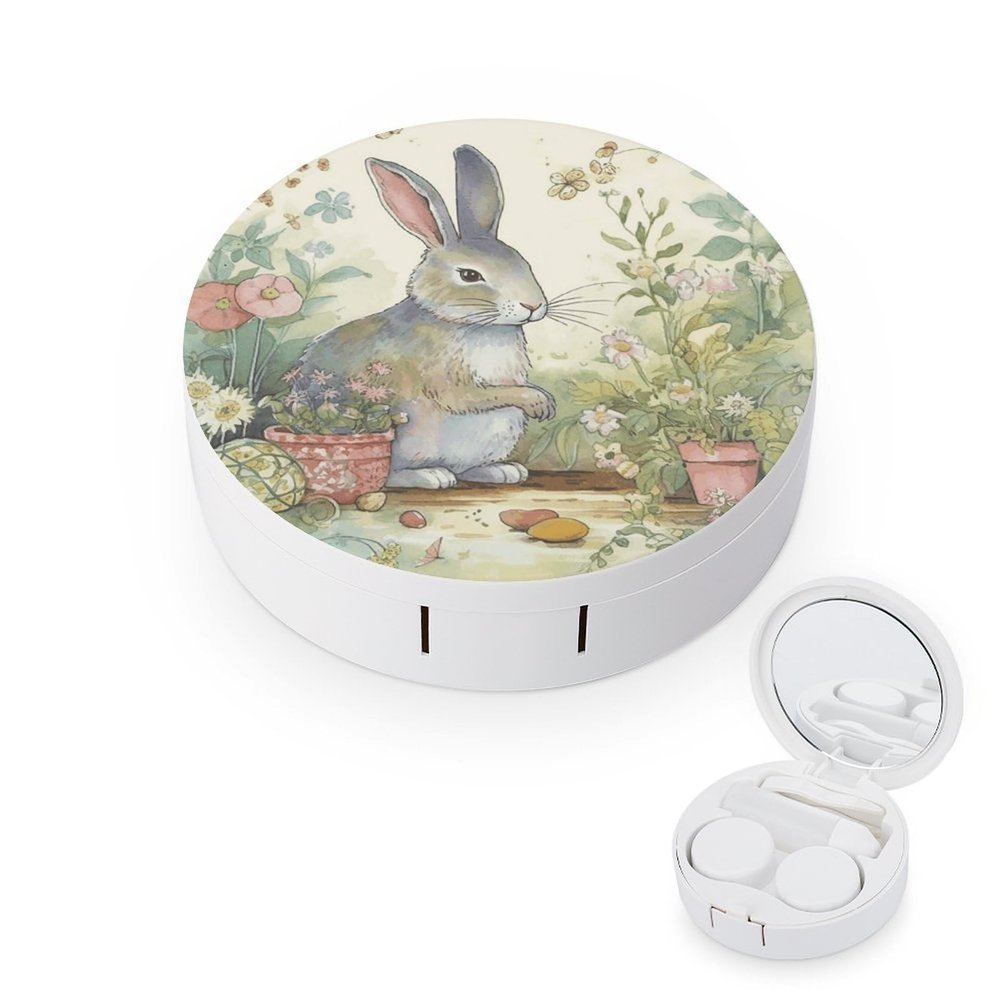 FekiLoot Garden Bunny Contact Lens Case Portable Travel Outdoor Contact Lens Cases Circle Leakproof Makeup Storage Box with Mirror for Home Office Dormitory