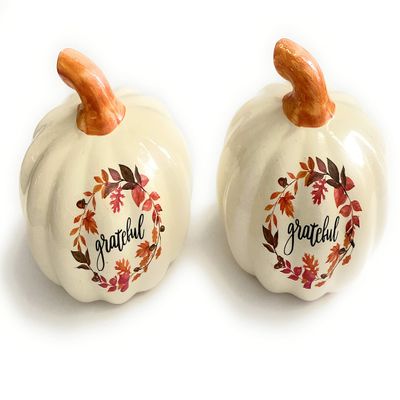 2 White Ceramic Decorative Pumpkin with Grateful Design, Fall Autumn Harvest Theme, Orange Stem, Floral Leaf Wreath