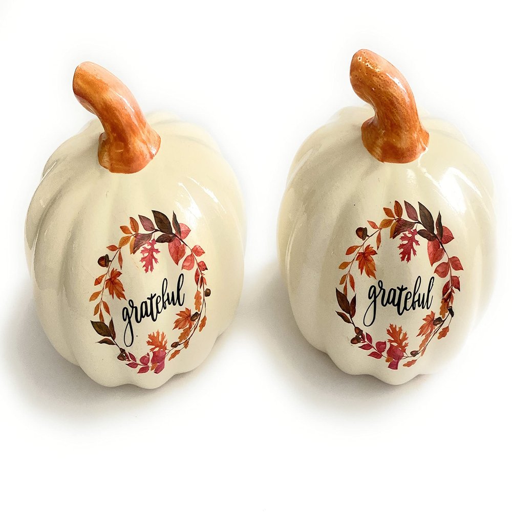 2 White Ceramic Decorative Pumpkin with Grateful Design, Fall Autumn Harvest Theme, Orange Stem, Floral Leaf Wreath