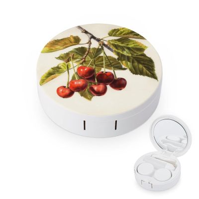 FekiLoot Art Cherry Painting Contact Lens Case Portable Travel Outdoor Contact Lens Cases Circle Leakproof Makeup Storage Box with Mirror for Home Office Dormitory