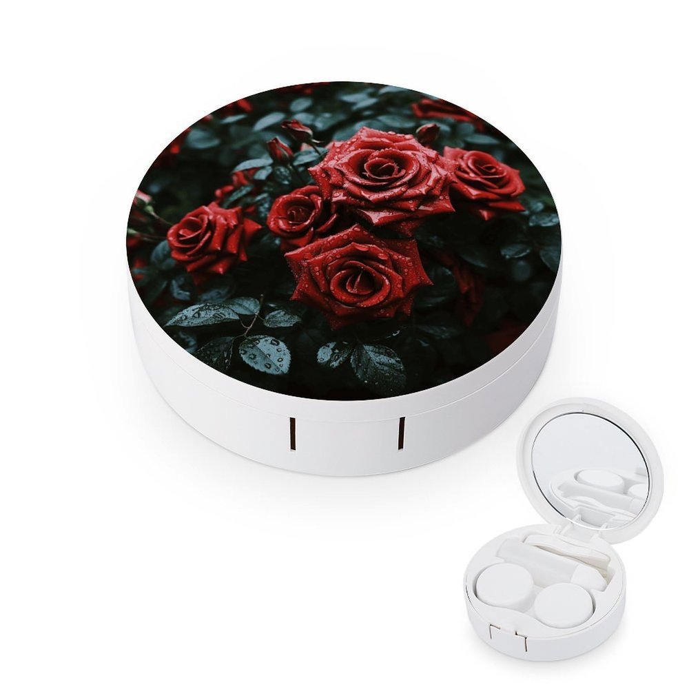 FekiLoot Red And Black Rose Contact Lens Case Portable Travel Outdoor Contact Lens Cases Circle Leakproof Makeup Storage Box with Mirror for Home Office Dormitory