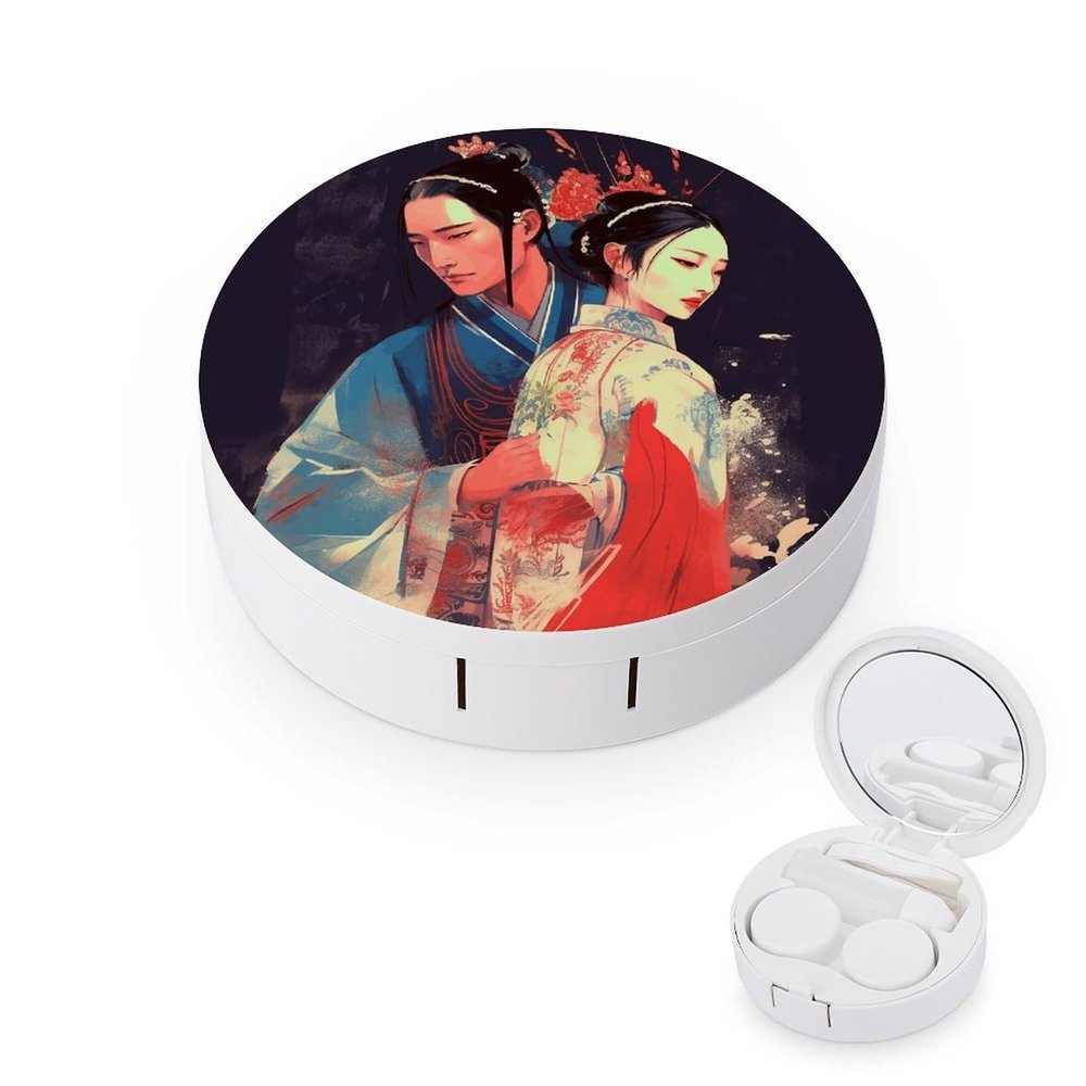 FekiLoot Opera Style Pictures Contact Lens Case Portable Travel Outdoor Contact Lens Cases Circle Leakproof Makeup Storage Box with Mirror for Home Office Dormitory