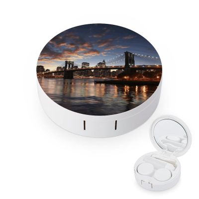 FekiLoot New York Bridge Contact Lens Case Portable Travel Outdoor Contact Lens Cases Circle Leakproof Makeup Storage Box with Mirror for Home Office Dormitory