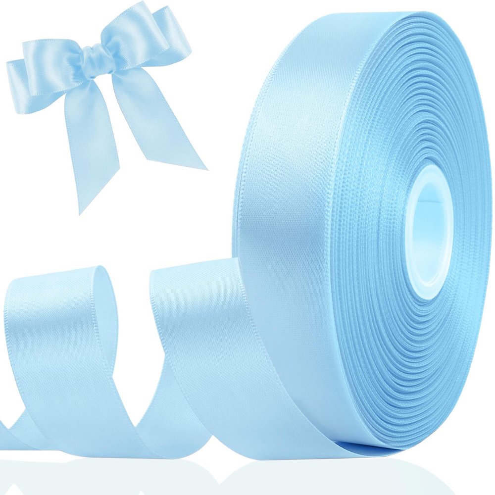 Light Blue Ribbon 1 Inch 50 Yards for Gift Wrapping, Double Faced Satin Ribbon for Flower Bouquet DIY Hair Bows Eternal Flowers, Valentines Day Wedding Birthday Party New Year Decorations