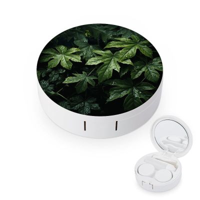 FekiLoot Green Leaves Pattern Contact Lens Case Portable Travel Outdoor Contact Lens Cases Circle Leakproof Makeup Storage Box with Mirror for Home Office Dormitory