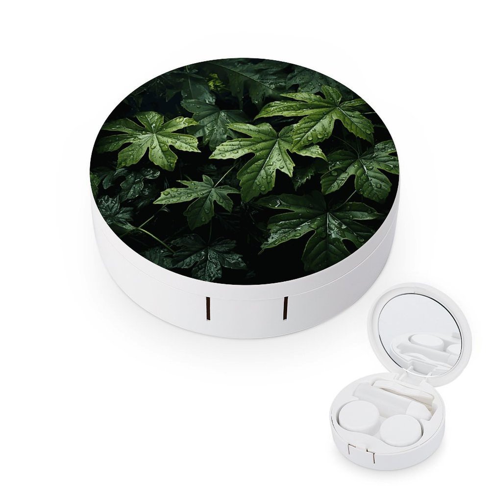 FekiLoot Green Leaves Pattern Contact Lens Case Portable Travel Outdoor Contact Lens Cases Circle Leakproof Makeup Storage Box with Mirror for Home Office Dormitory